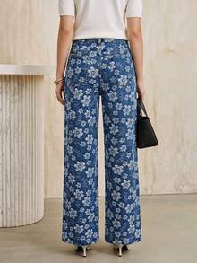 SHEIN Essnce 女款時尚街頭風提花鈕扣口袋牛仔長褲 - 藍色 - 查看 2
