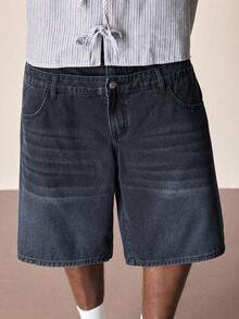ROMWE MEN Casual 男士休閒百搭日常旅行牛仔短褲，附口袋與鈕扣雙層腰帶 - 藍色 - 查看 1