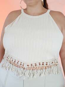 Pretty and Ole Plus Size Summer Fringed Hem Textured Spaghetti Strap Crop Top Knitted Tops For Women Casual - Apricot - View 3