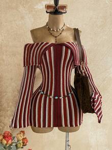 Soleia Colorblock Striped Off-Shoulder Bell Sleeve Mini Knit Dress - Multicolor - View 7