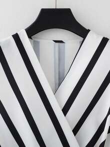 GlowEve CURVE Plus-Size Women's Elegant V-Neck Black And White Striped Sleeveless Wrap Tie Shirt, - Black and White - View 3