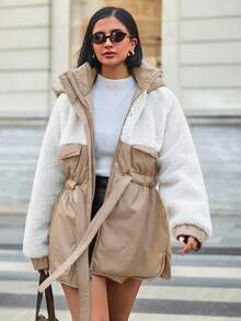 EURMUSE Faux Fur Jacket – Ultra-Warm Cropped Design With Plush Velvet Texture, Oversized Collar & Quilted - Beige - View 3