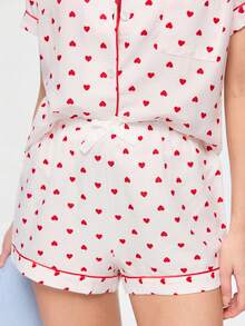 Bonmuse 2pcs Comfortable Heart Print Pajama Set, Short Sleeve Collared Top With Pocket And Bow Shorts, Women Sleepwear Homewear For All Seasons - White - View 8