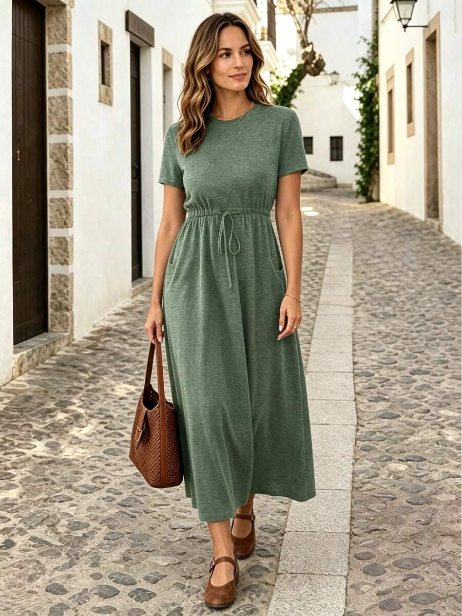 SHEIN Essnce 女式简约纯色圆领抽绳腰短袖连衣裙,夏季 - 綠色 - 查看 1
