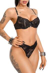 AltBold Sexy Floral Lace With Rhinestone Bow Sheer Underwire Push-Up Lingerie Set 2pcs - Black - View 1