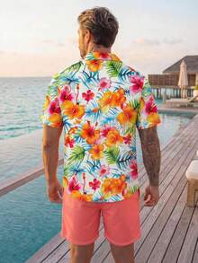 VIVINTIMO White,Hot Pink,Summer,Tropical,Vacation Men's Shirt Set,Watercolor Effect Tropical Plant Floral Full Print Short Sleeve Shirt And Shorts Combination - White - View 2