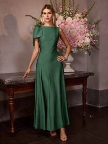MOTF PREMIUM SUMMER FRENCH BOW TIE STRAP FASHION ELEGANT ELEGANT A-LINE DESIGN WOMEN'S DRESS - Dark Green - View 3