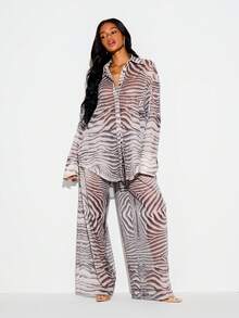 KIZN Camisa de playa de malla transparente con estampado de cebra, de talla grande, con botones, mangas largas acampanadas y cuello clásico - Marrón - Ver 3
