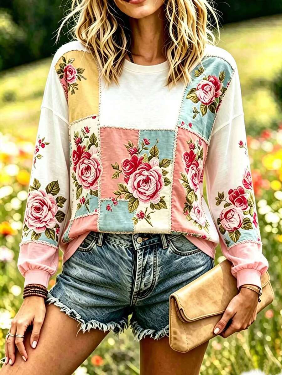 Selamara Women's New Floral Embroidered Print Long Sleeve Casual Crew Neck T-Shirt - Multicolor - View 1