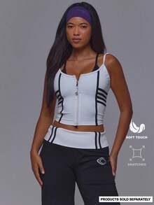 Musera Sport White Striped Style Contrast Double Layered Zip Up Top Only With Crossover Back Gym Active Sports Pilates Running Cute Daily Everyday Void - White - View 3