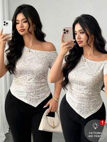 Elenzga Camiseta de mujer talla grande con estampado de encaje, tela de punto, dobladillo asimétrico, cuello asimétrico, manga corta, cintura ceñida, corte A, casual, elegante, cómoda, de moda para uso diario, hogar, vacaciones en la playa, fiesta romántica, cita, invitada a boda, trabajo, versátil, beige blanco - Multicolor - Ver 1