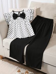 SHEIN Tween Girl Black Bow Flutter Sleeve T-Shirt Set, Vacation, Outdoor, Back To School, Fall - White - View 8