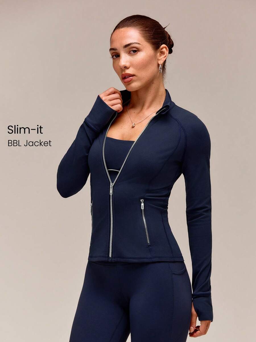 GLOWMODE FeatherFit™ Slim-It Streamline Performance Secure Pockets Zip Up Long Sleeve Jacket Low Impact Yoga Pilates Daily Spring Summer - Iron Gray - View 1