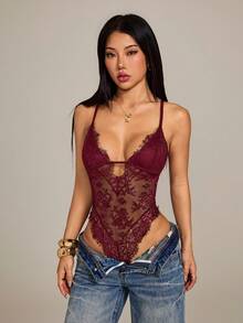 SHEIN PETITE 女款黑色蕾絲飾邊性感百搭透視連身衣，適合夏季 - 酒紅色 - 查看 3