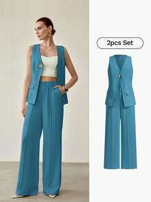 MOTF PREMIUM WOMEN'S SUIT VEST & SLANT POCKET PANTS OUTERWEAR, SLEEVELESS TWO PIECES SET - Blue - View 8