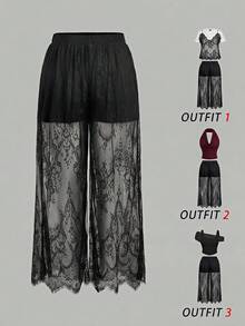 SHEIN MOD 大尺碼女款黑色蕾絲寬腿長褲，休閒日常穿著，適合夏季、音樂節、鄉村音樂會 - 黑色 - 查看 4