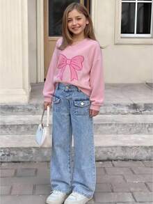 SHEIN Young Girls Casual Style Denim Jeans, Spring/Summer/Autumn/Winter, Dark Blue, Dual Pocket Design, Loose Wide Leg Fit, Soft And Comfortable Fabric, Suitable For School, Commuting And Daily Outings - Light Wash - View 6