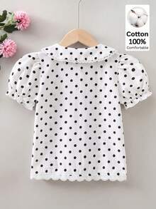 SHEIN Elladie kids 女童彼得潘領蕾絲公主袖波點短袖鈕扣襯衫，棉混紡面料新款時尚上衣，度假旅行必備，適合日常、休閒與派對時尚穿搭 - 白色 - 查看 2