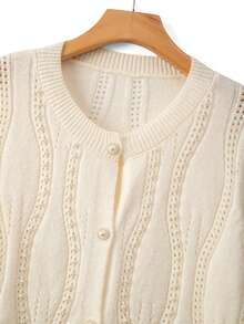GlowEve CURVE Plus Size Elegant Pearl Round Neck Button Long Sleeve Cardigan - Beige - View 3