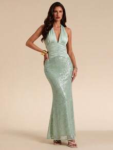 Bluhae Fashionable Sexy Waist-Cinched Slim Fit V-Neck Halter Neck Design Patchwork Sequin Women's Spring Summer Evening Party Mint Green Mermaid Long Dress - Mint Green - View 4