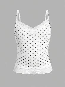 SHEIN Tween女孩軟綿蕾絲波點針織細肩帶背心，休閒日常百搭，適合外出與各種場合，姐妹款、親子款，可愛女孩風 - 白色 - 查看 5