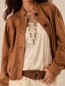 Easelle Vintage Bohemian Ruched Loose Fit Women's Jacket - Brown - View 4