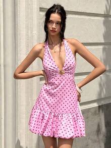 Cévolie Women's Metal Buckle Polka Dot Print Ruched Halter Neck Tie Waist Dress Vacation Pink Summer Vintage Romantic Old Money Tropical Cute - Multicolor - View 7