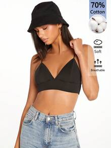 SHEIN BASICS 女款純色休閒百搭日常穿著細肩帶背心上衣 - 黑色 - 查看 6