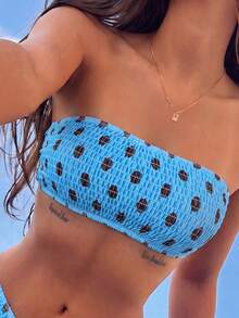 Swim Mod 2026春夏女款露背性感度假風兩件式比基尼泳衣套裝，附荷葉邊平口上衣，多色隨機碎花，側高衩設計 - 彩色 - 查看 4