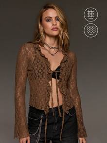 BAD SUNDAY Top de encaje elegante y semitransparente marrón con cuello en V, lazo delantero y manga larga para mujer, versátil estilo Y2K vintage sexy streetwear para uso diario, citas y festivales de música - Marrón - Ver 5