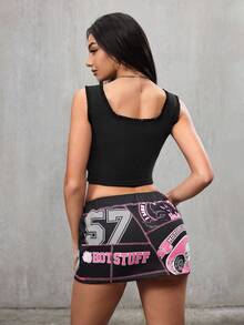 SHEIN HOT STUFF 女士性感字母印花露脐背心和迷你裙两件套，夏季 - 黑色 - 查看 2