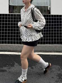 Dazy Plus Fashion Polka Dot Patchwork Frill Trim Hooded Casual Long Sleeve Spring/Autumn New Jacket For Girls Cute Tops - White - View 3