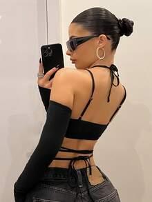 SHEIN ICON 修身交叉綁帶可拆卸袖女款上衣 - 黑色 - 查看 2