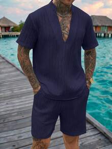 VENTUSAIL 男士純色休閒度假襯衫短褲套裝 - 藏蓝色 - 查看 3