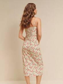 lacRébo Floral Print Woven Fitted Slit Front Midi Dress With Adjustable Straps And Smocked Back Summer Holiday Romantic Cute French Style Dress - Apricot - View 2