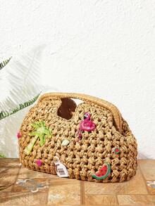 SHECARRY Ladies Fashionable Elegant Spring/Summer Straw Woven Fruit Coconut Tree Beaded Decorative Clutch Bag, Summer Vacation Vacation Seaside Beach And Daily - Khaki - View 2