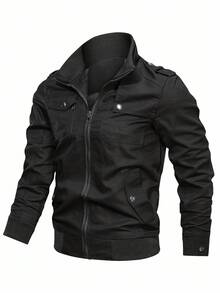 Manfinity Homme Chaqueta con cremallera y bolsillo con solapa de manga larga para hombre, para el otoño - Negro - Ver 1