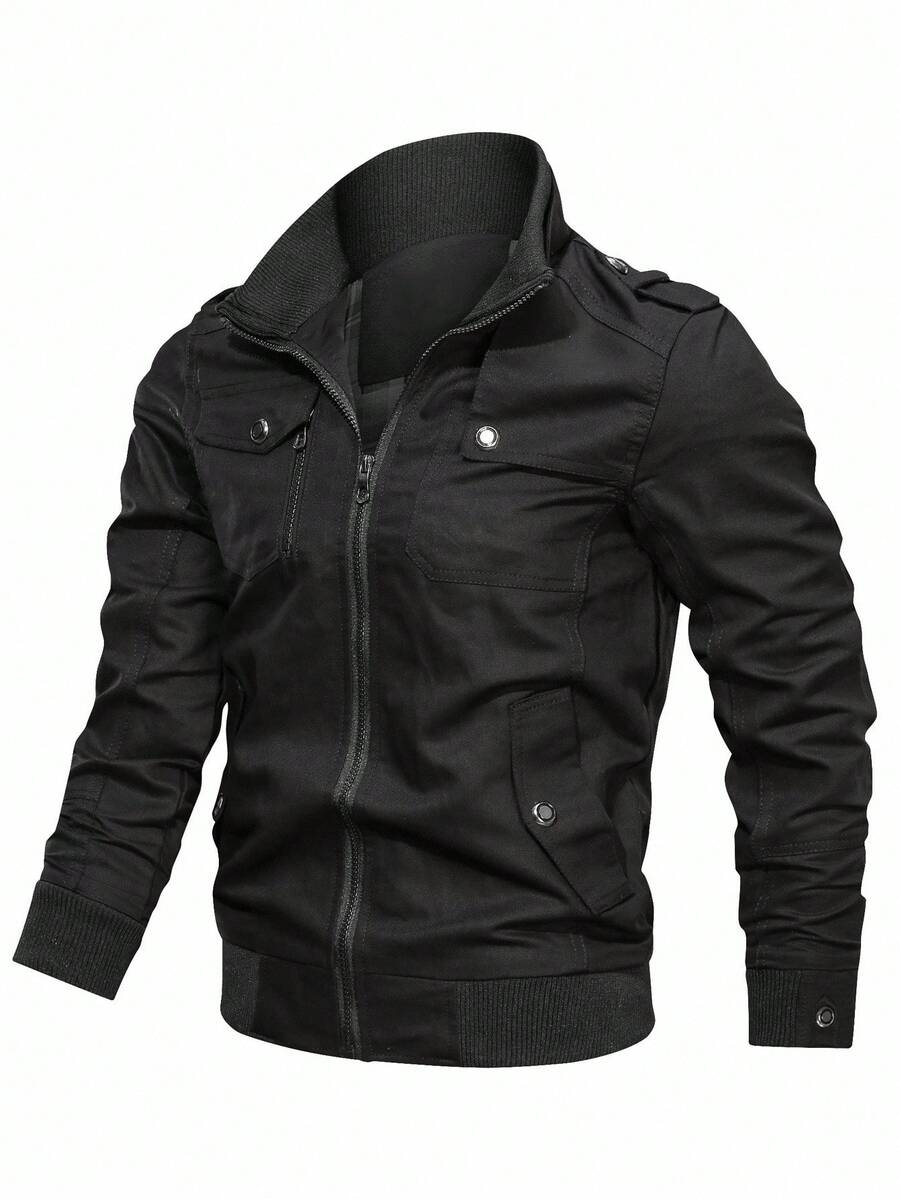Manfinity Homme Chaqueta con cremallera y bolsillo con solapa de manga larga para hombre, para el otoño - Negro - Ver 1