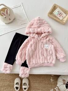 SHEIN Vintaside Kids 2pcs/Set Baby Girl Sweatshirt Set, Autumn Fuzzy Wheat Jacquard Light Pink Black And Pink Long Sleeve Hooded Bow Decor, Long Pants, Family Matching - Pink - View 4