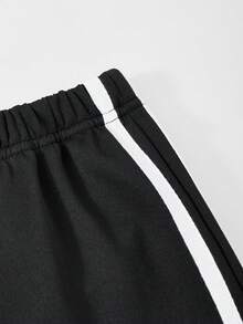SHEIN Explorewe 女童秋季休閒衛衣套裝 2件組，對比側條紋蝴蝶結裝飾長袖套頭衫搭配鬆緊腰寬腿運動長褲 - 黑色 - 查看 5