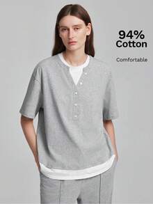 Ontre Camiseta para mujer de color gris y blanco con paleta de colores de baja saturación, tela cómoda, diseño 2 en 1 de ajuste holgado, hombros caídos, manga corta, diseño de patchwork en el dobladillo, versátil para todas las estaciones, moda urbana moderna, estilo casual de negocios, ropa de oficina, estilo discreto de dinero antiguo, elegante, de alta gama, para ir y venir, de alta calidad, atuendo de aeropuerto, estilo bohemio, ropa de vacaciones, diseño de tema minimalista neutro - Gris - Ver 5