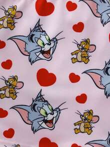 TOM & JERRY X SHEIN Calzoncillos tipo boyshorts casuales cómodos y lindos con estampado de dibujos animados y bloques de color para niña joven - Rosa Pálido - Ver 8