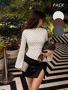 SHEIN MOD 3件組女款喇叭袖百褶不對稱下擺T恤 - 彩色 - 查看 3