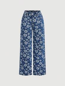 SHEIN Essnce 女款時尚街頭風提花鈕扣口袋牛仔長褲 - 藍色 - 查看 3