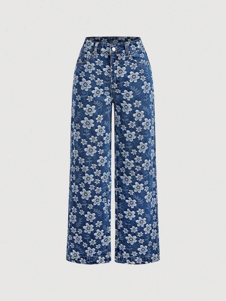 SHEIN MOD Women's Fashion Street Jacquard Button Pocket Denim Jeans - Blue - View 1