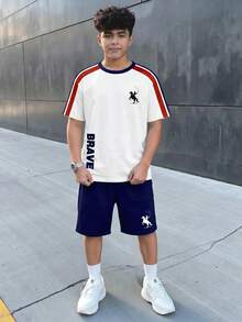 青少年男孩休閒舒適時尚簡約圓領短袖T恤與短褲套裝，經典條紋圖案印花，精緻小Logo圖案印花，Brave文字圖案印花 - 彩色 - 查看 2