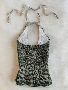 IslaSuriya Summer Vintage Leopard Print Halter Neck Top For Women, Rhinestone & Metal Rivet Decor - Army Green - View 2