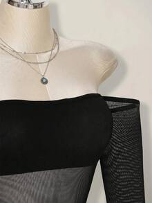 SHEIN ICON 女款時尚性感透視露肩連身衣 - 黑色 - 查看 6