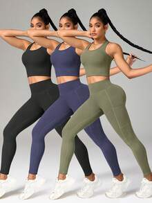 Velisys Velisys Women's Solid Color Cropped Tank Top And Fitted Leggings 3-Piece Sports Set - Multicolor - View 2