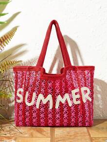 SHECARRY Women's Fashionable Spring And Summer Nautical Style Two-Color Striped Letter Design Shoulder Bag, For Beach, Vacation, Seaside - Rose Red - View 1